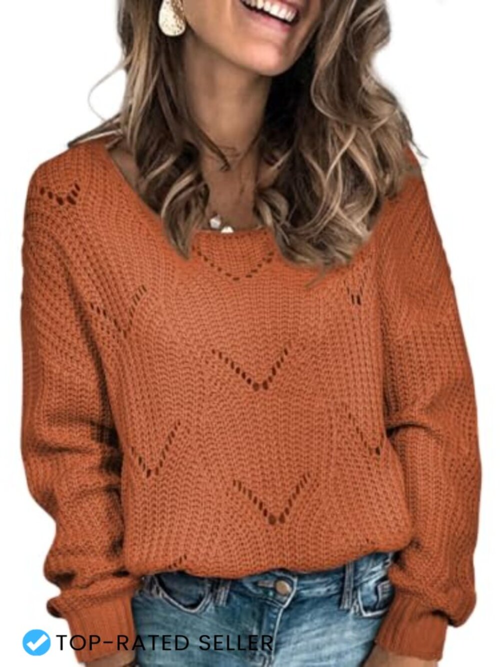 Dokotoo Women's Boat Neck Hollow Out Crochet Knit Sweater Pullover